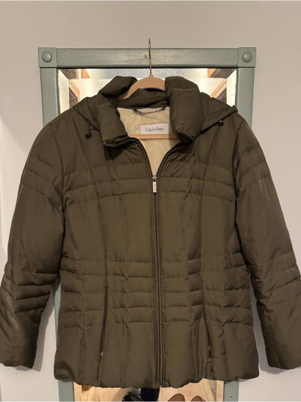 Calvin Klein Olive Green Quilted Jacket with Cream Faux-Fur Lining